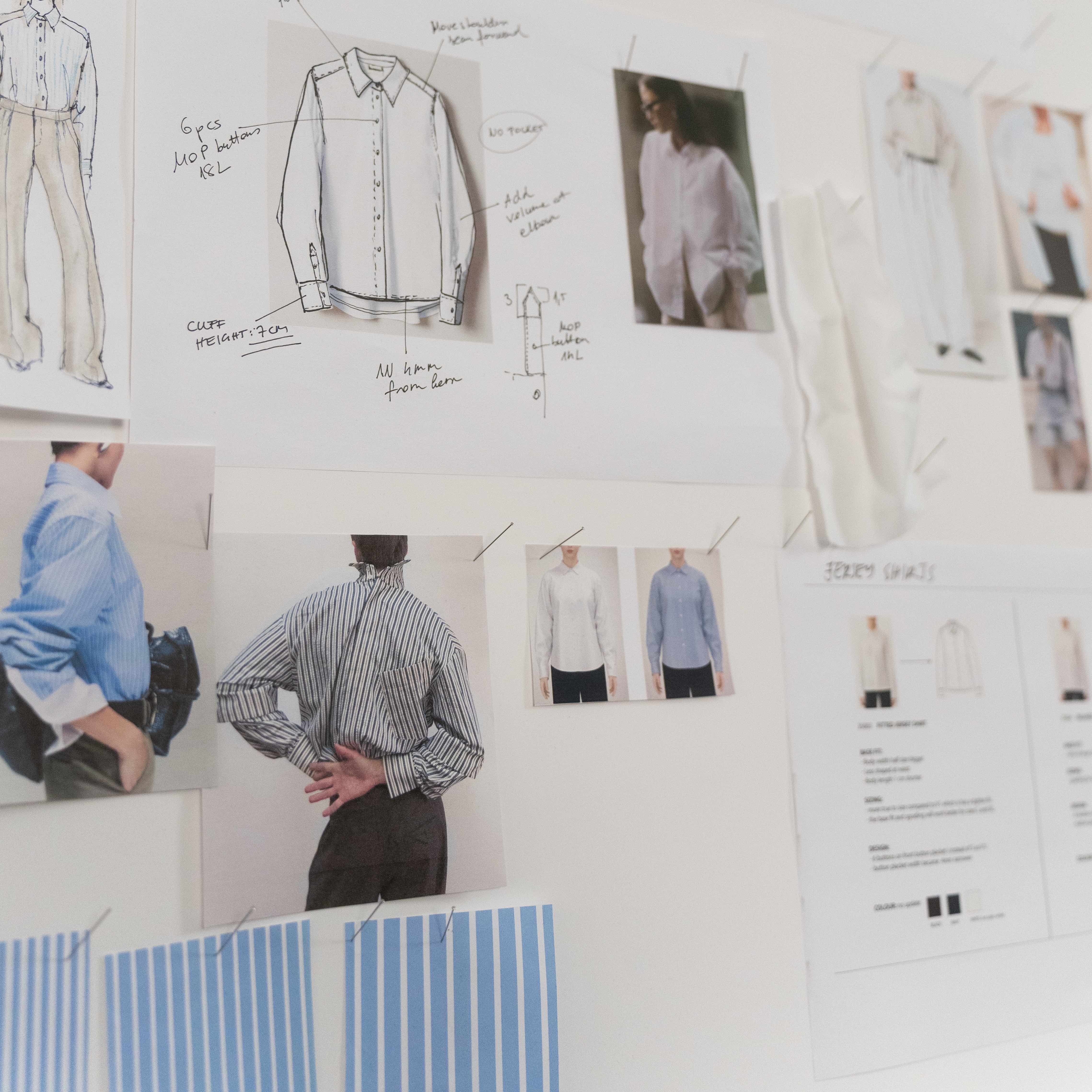 A Ninepine design studio moodboard showing shirt sketches, fabric samples, and fit references used in the garment development process.